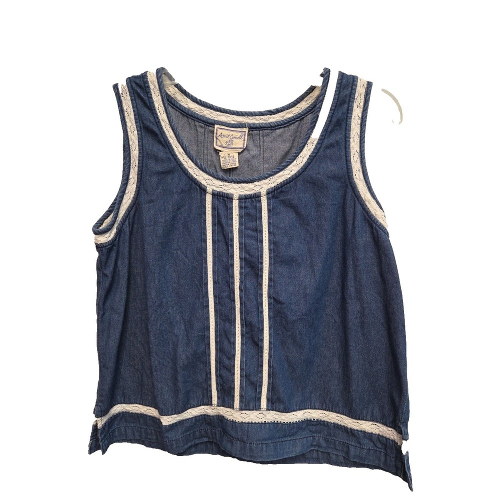 APRIL CORNELL Denim Sleeveless Top M Cotton Blue Lace Trim Vintage Cottagecore